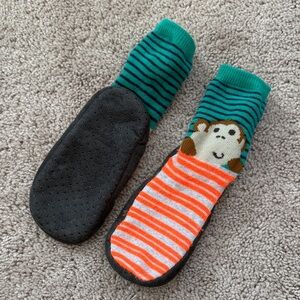 Monkey Design Striped Slipper Socks - Orange and Green 2-4T